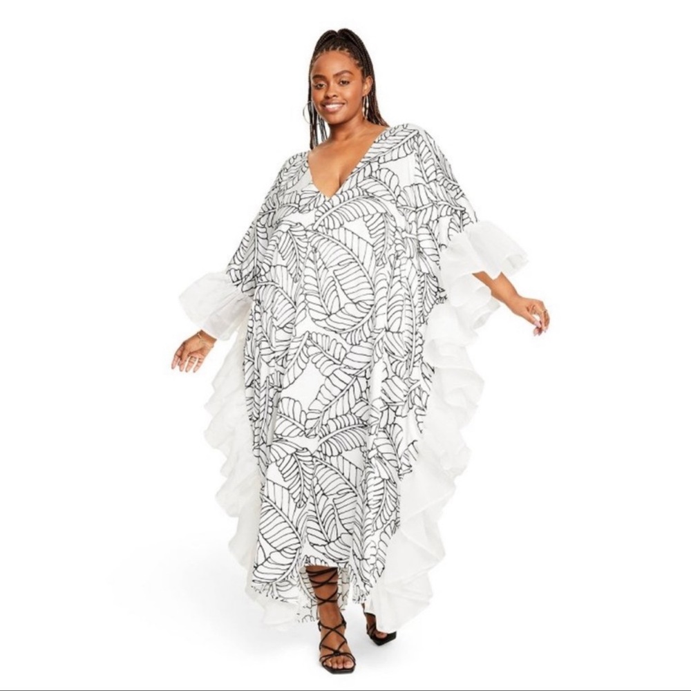 Fe Noel x Target Women's Sketch Palm Leaf Print Ruffle Trim Cover Up Dress 3x